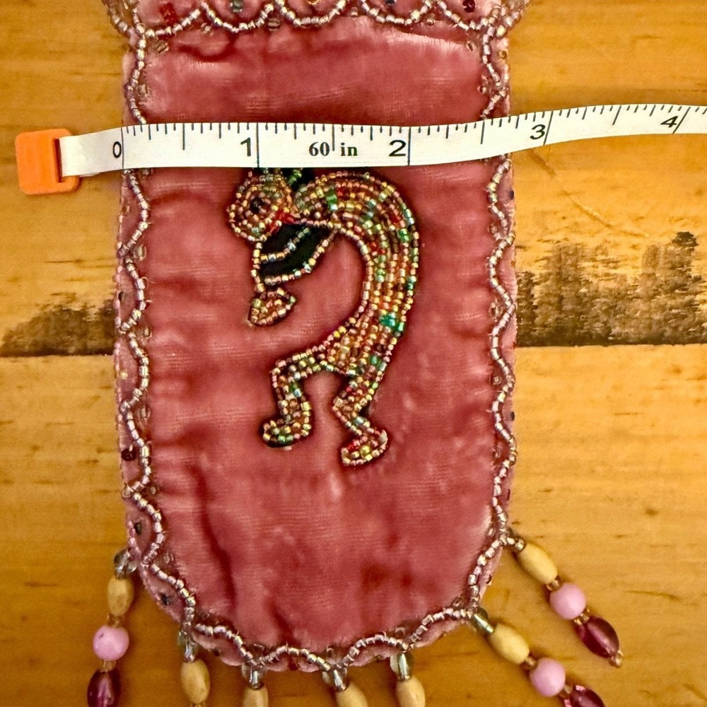 Vintage Pink Velvet Beaded Kokopelli Pouch Necklace Boho Crossbody Mini Bag 90s - Picture 9 of 12